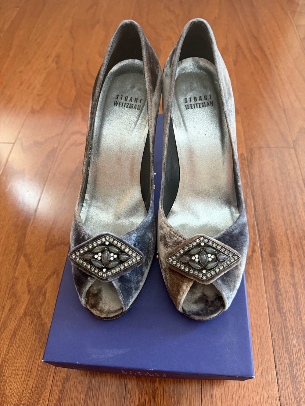 Stuart Weitzman Velvet Peep-Toe Heels in gemstones.